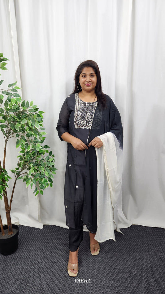 KPD49 Black Dola Silk Kurti Pant Dupatta