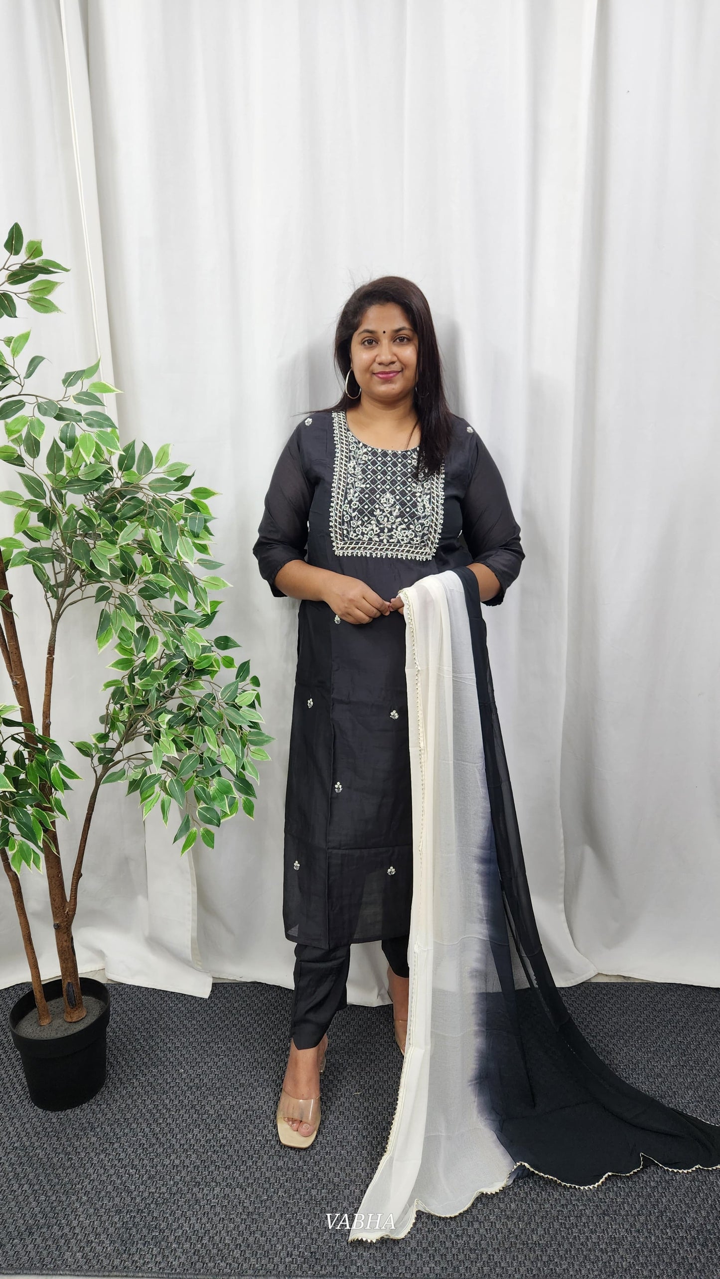 KPD49 Black Dola Silk Kurti Pant Dupatta