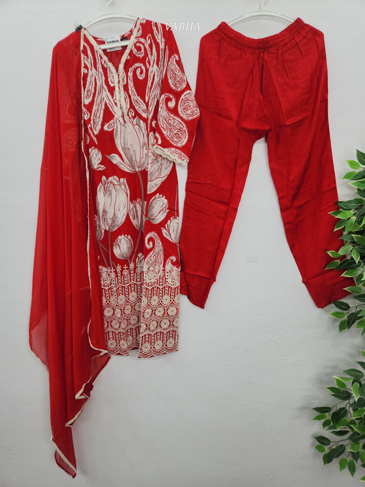 KPD76 Red Muslin With Lining Chikankari Design Croatia Lace V-neck Kurti Pant Dupatta