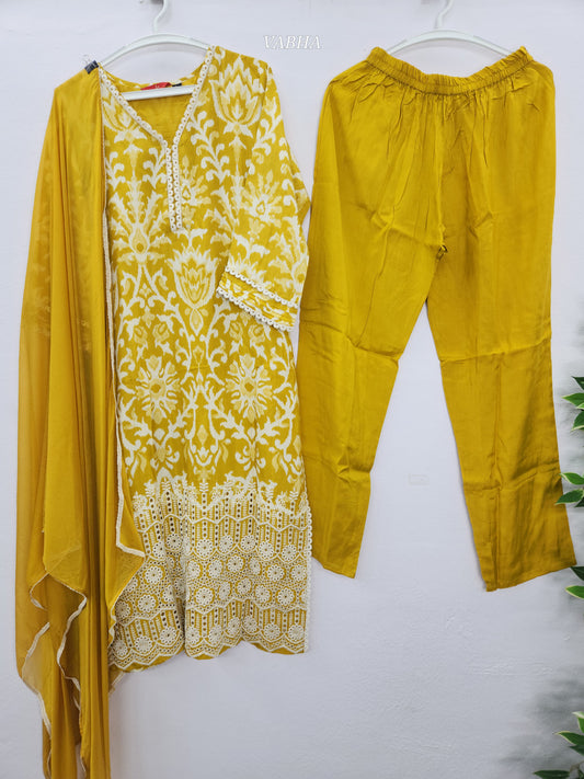 KPD77 Golden Yellow Muslin With Lining Chikankari Design Croatia Lace V-neck Kurti Pant Dupatta