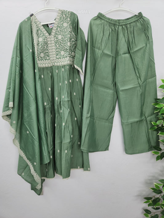 KPD78 Modal Silk Pista Green V-neck Thread Embroidery A-line Style With Palazzo Kurti Pant Dupatta