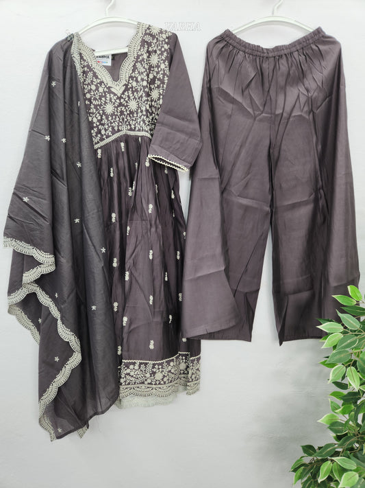 KPD80 Modal Silk Purple Grey V-neck Thread Embroidery A-line Style With Kurti Palazzo Pant Dupatta