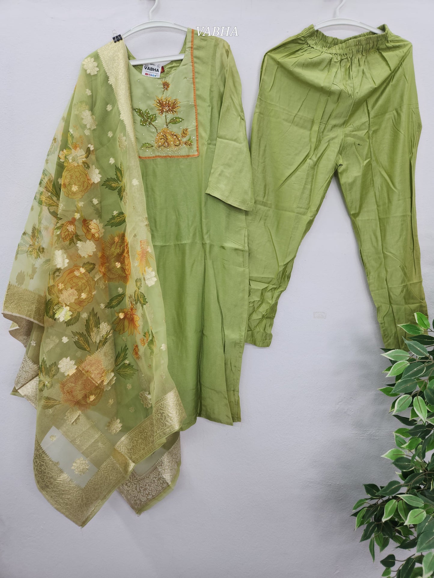 KPD82 Parrot Green Roman Silk With Lining With Heavy Crystal Bead Work On Yokepart Party Wear Kurti Pant Dupatta