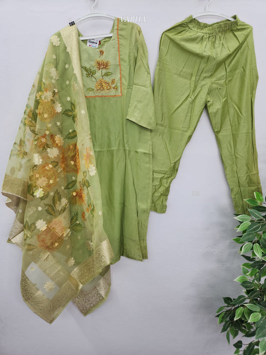 KPD82 Parrot Green Roman Silk With Lining With Heavy Crystal Bead Work On Yokepart Party Wear Kurti Pant Dupatta