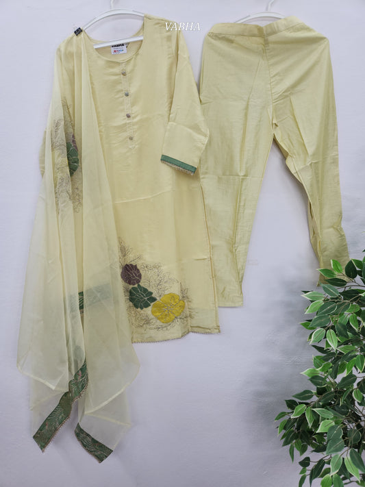KPD84 Light Yellow Tissue Round Neck Kurti With Lining Organza Dupatta and Pant
