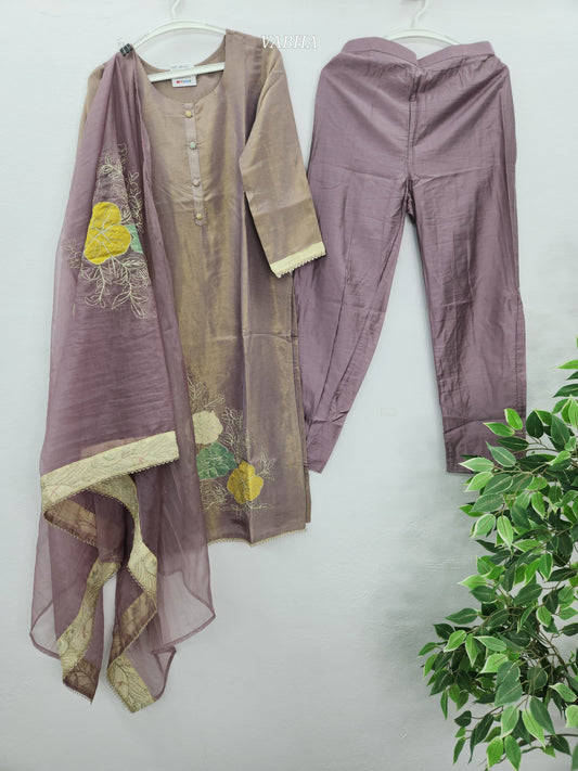 KPD85 Purple Grey Tissue Round Neck Kurti With Lining Organza Dupatta and Pant