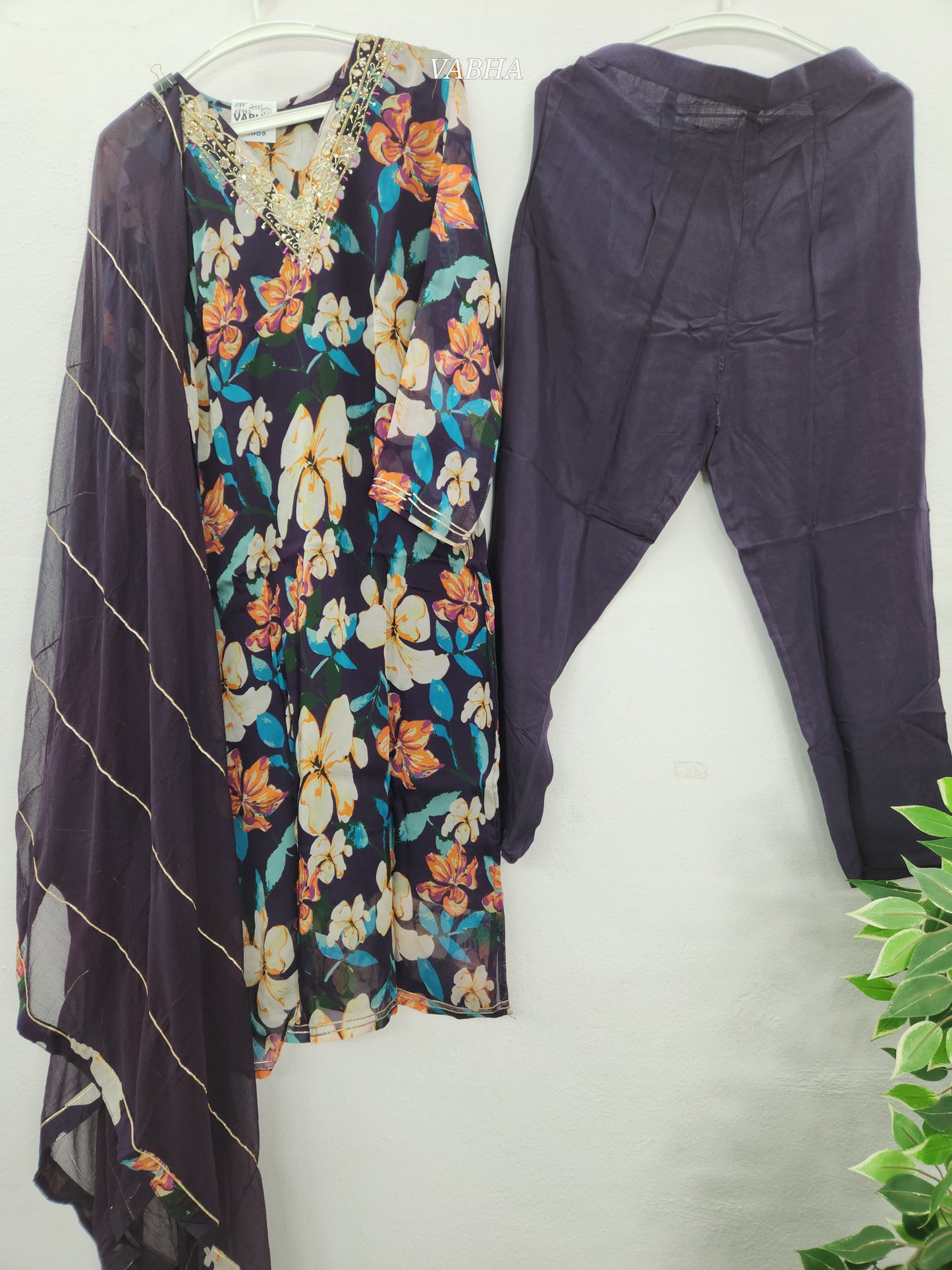 KPD87 Dark Purple Organza Digital Print With Heavy V-neck Kurti Pant Dupatta