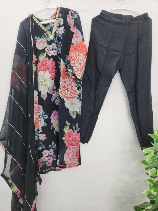 KPD88 Black Organza Digital Print With Heavy Work V-neck Kurti Pant Dupatta