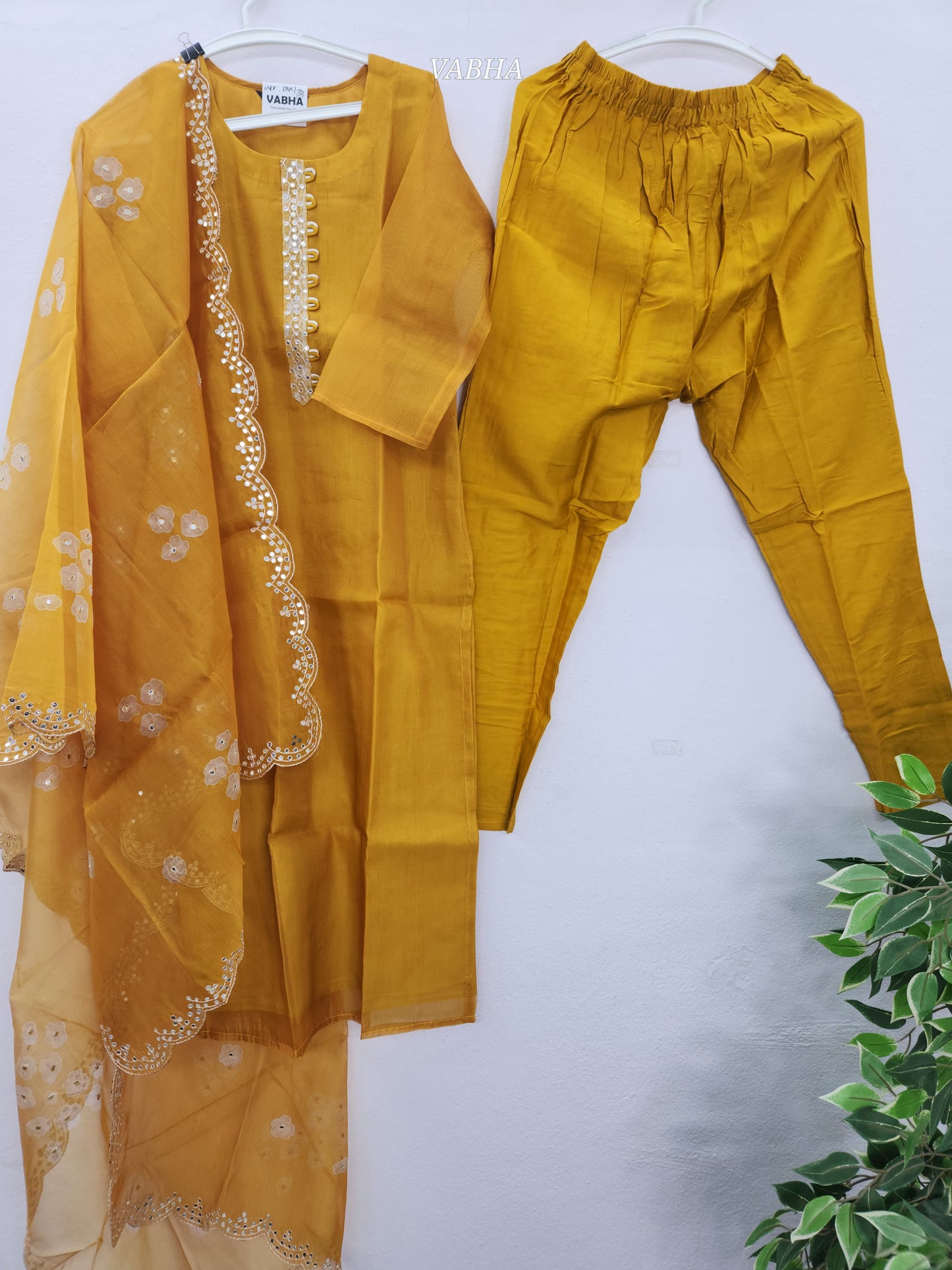 KPD90 Golden Yellow Tissue Round Neck With Lining Simple Thread Embroidery On Yoke Part Party Wear Kurti Pant Dupatta