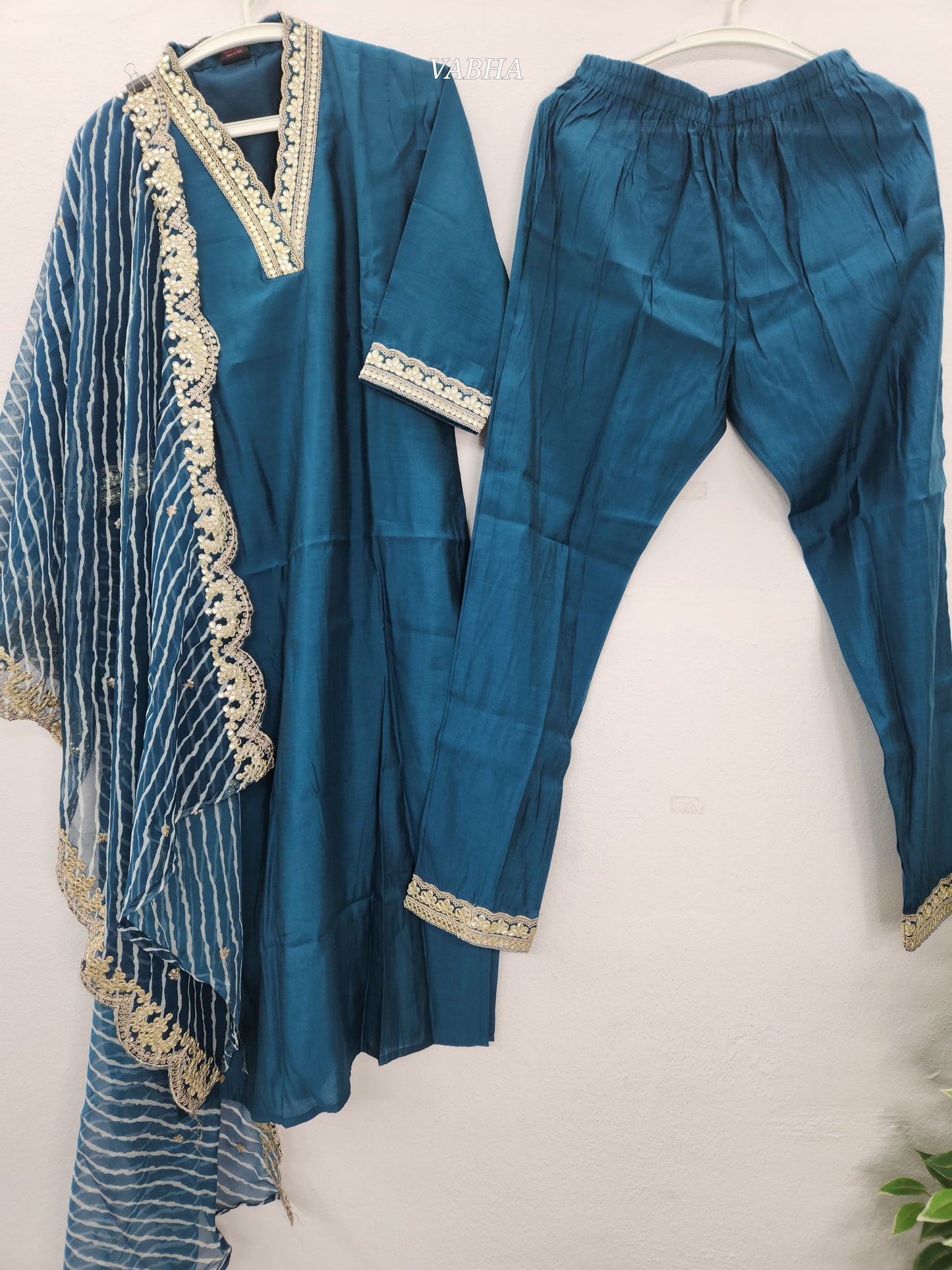 KPD93 Party Wear Blue Roman Silk Full V-neck With Heavy Gotta Patti Work Kurti Pant With Lehariya Dupatta