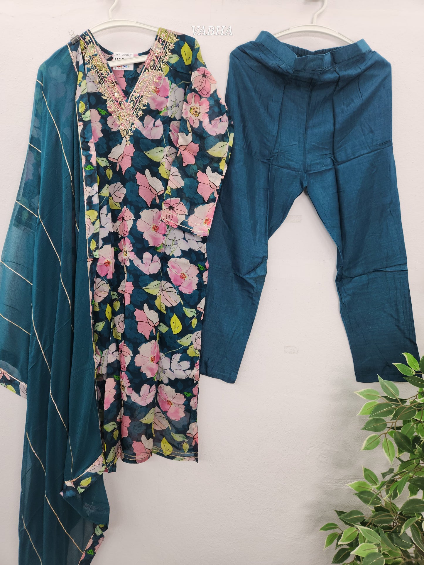 KPD97 Peacock Blue Organza Digital Print With Heavy Work V-neck Kurti Pant Dupatta
