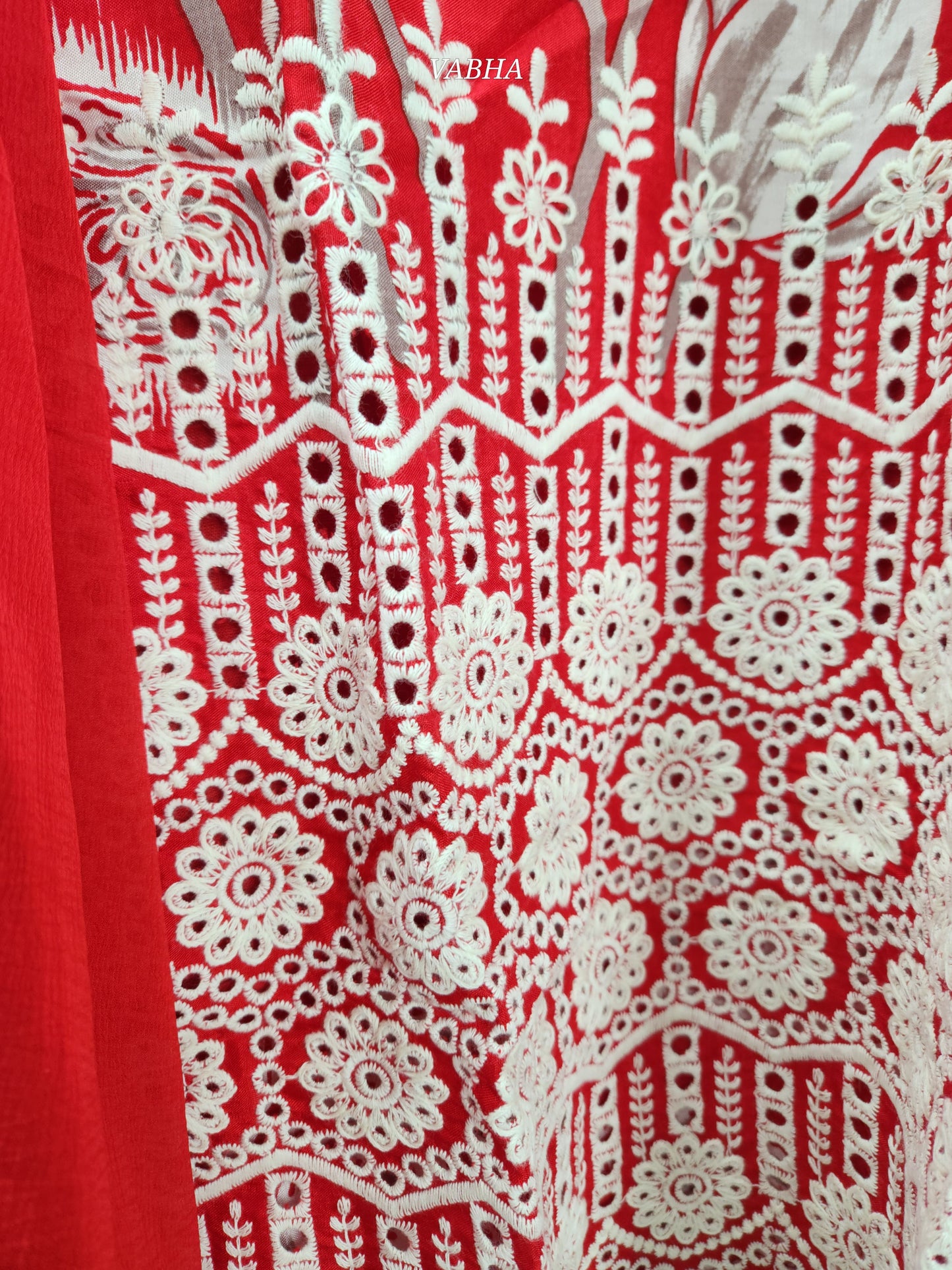 KPD76 Red Muslin With Lining Chikankari Design Croatia Lace V-neck Kurti Pant Dupatta