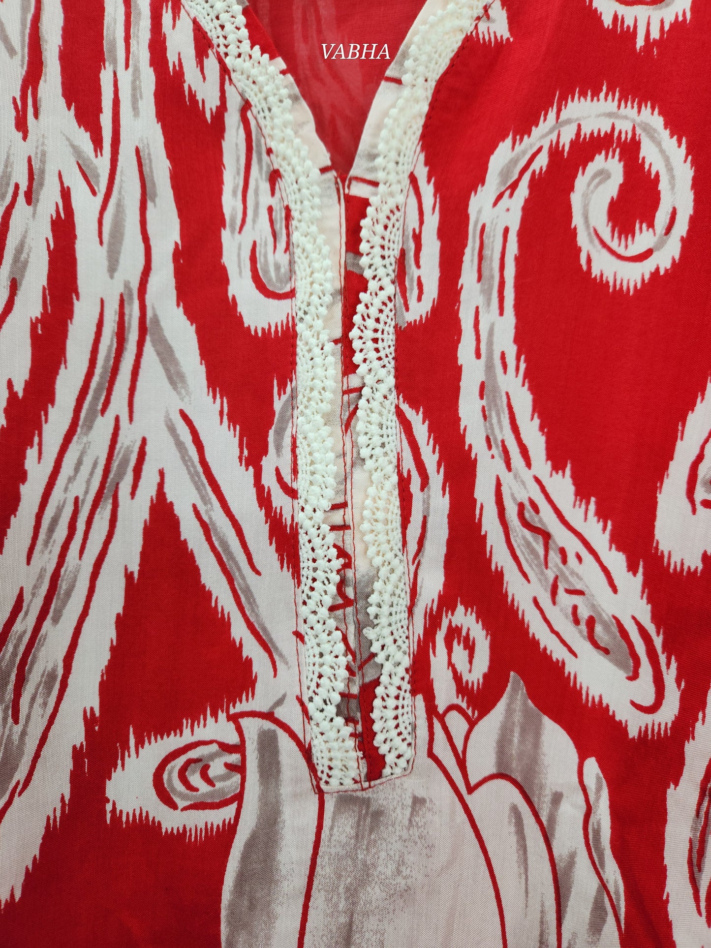 KPD76 Red Muslin With Lining Chikankari Design Croatia Lace V-neck Kurti Pant Dupatta