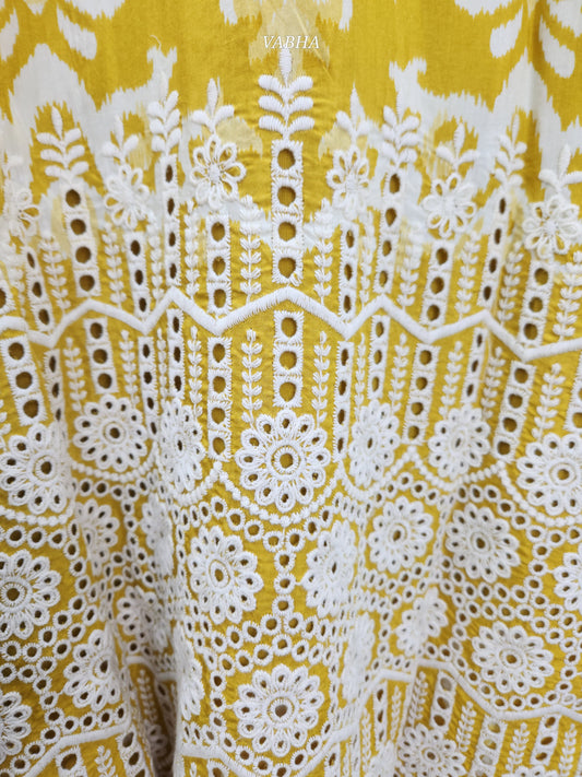 KPD77 M Size Golden Yellow Muslin With Lining Chikankari Design Croatia Lace V-neck Kurti Pant Dupatta