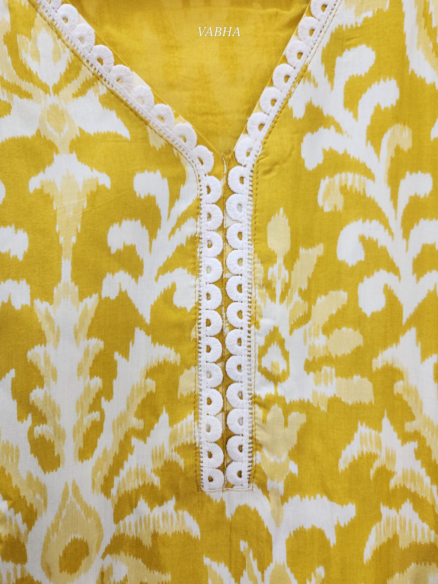 KPD77 Golden Yellow Muslin With Lining Chikankari Design Croatia Lace V-neck Kurti Pant Dupatta