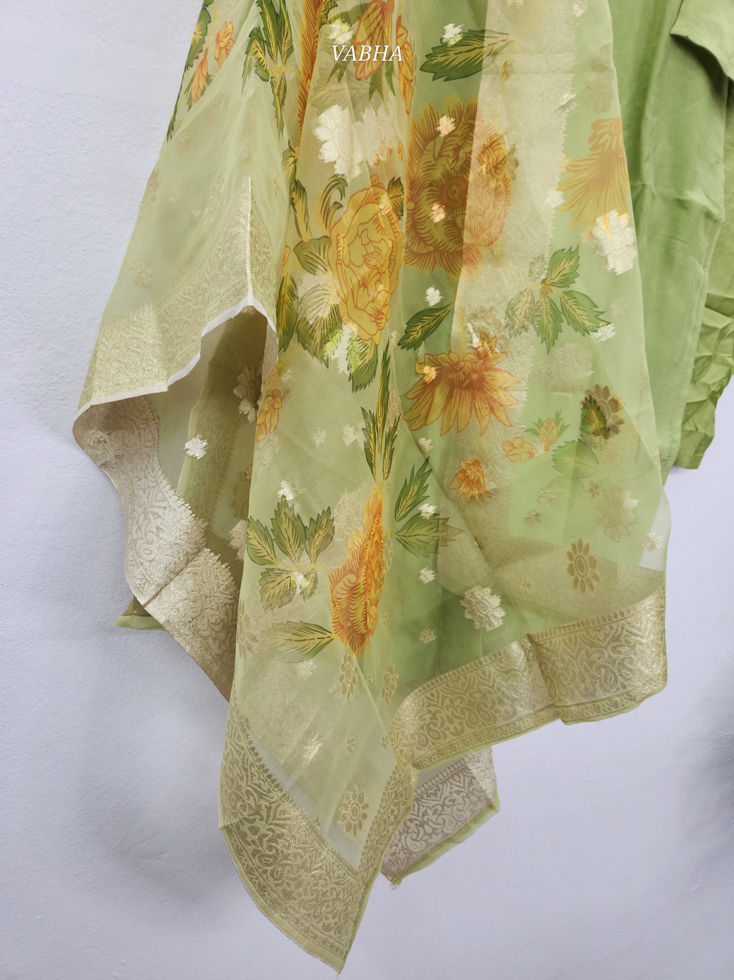 KPD82 Parrot Green Roman Silk With Lining With Heavy Crystal Bead Work On Yokepart Party Wear Kurti Pant Dupatta