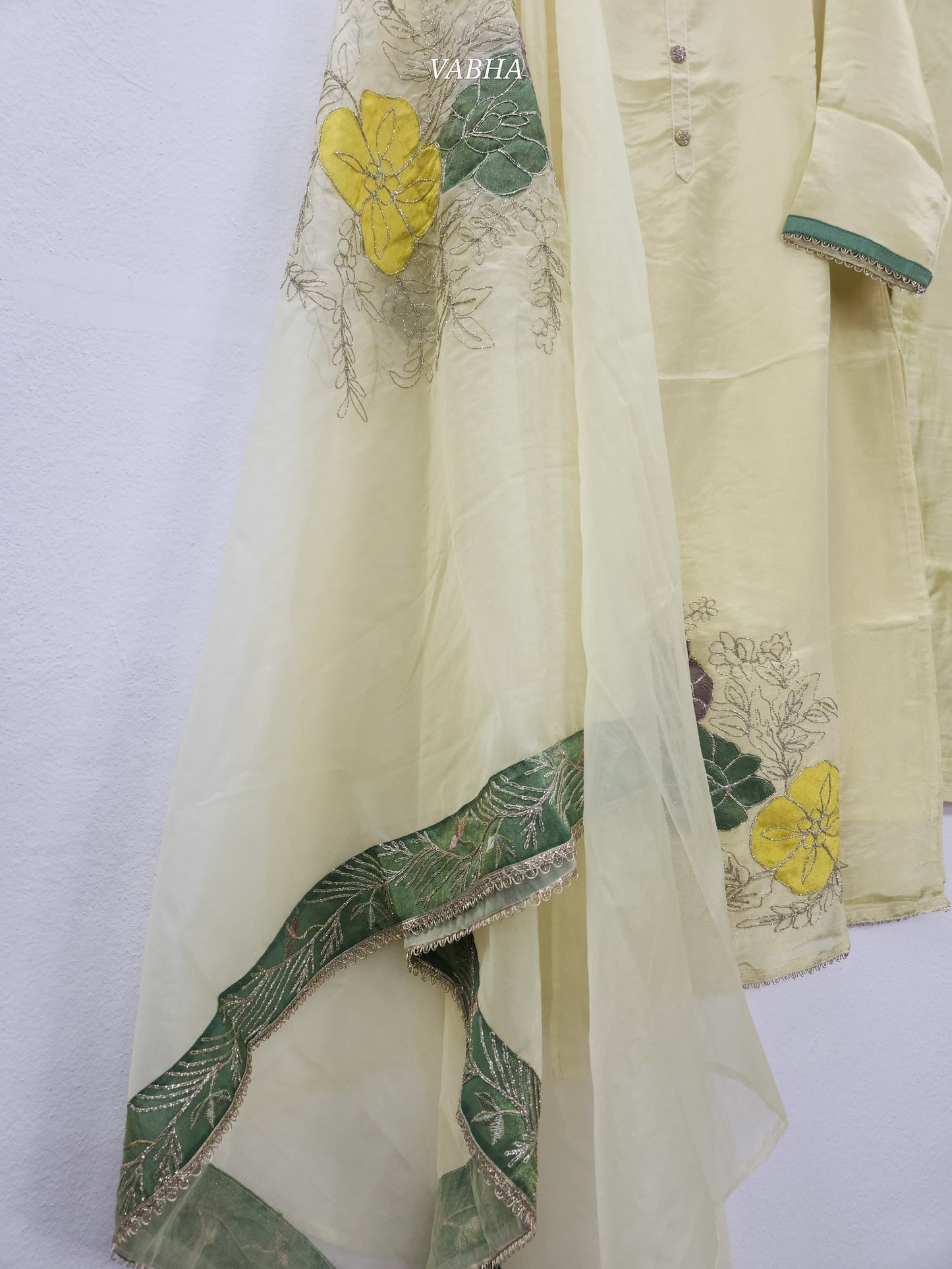 KPD84 Light Yellow Tissue Round Neck Kurti With Lining Organza Dupatta and Pant