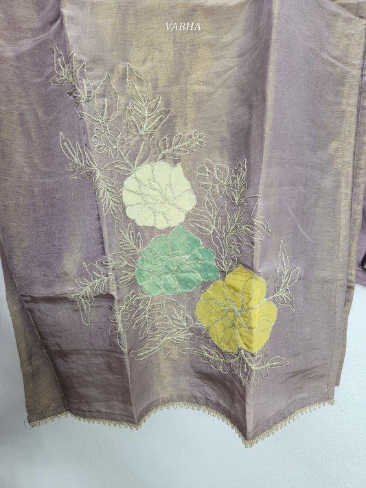KPD85 Purple Grey Tissue Round Neck Kurti With Lining Organza Dupatta and Pant