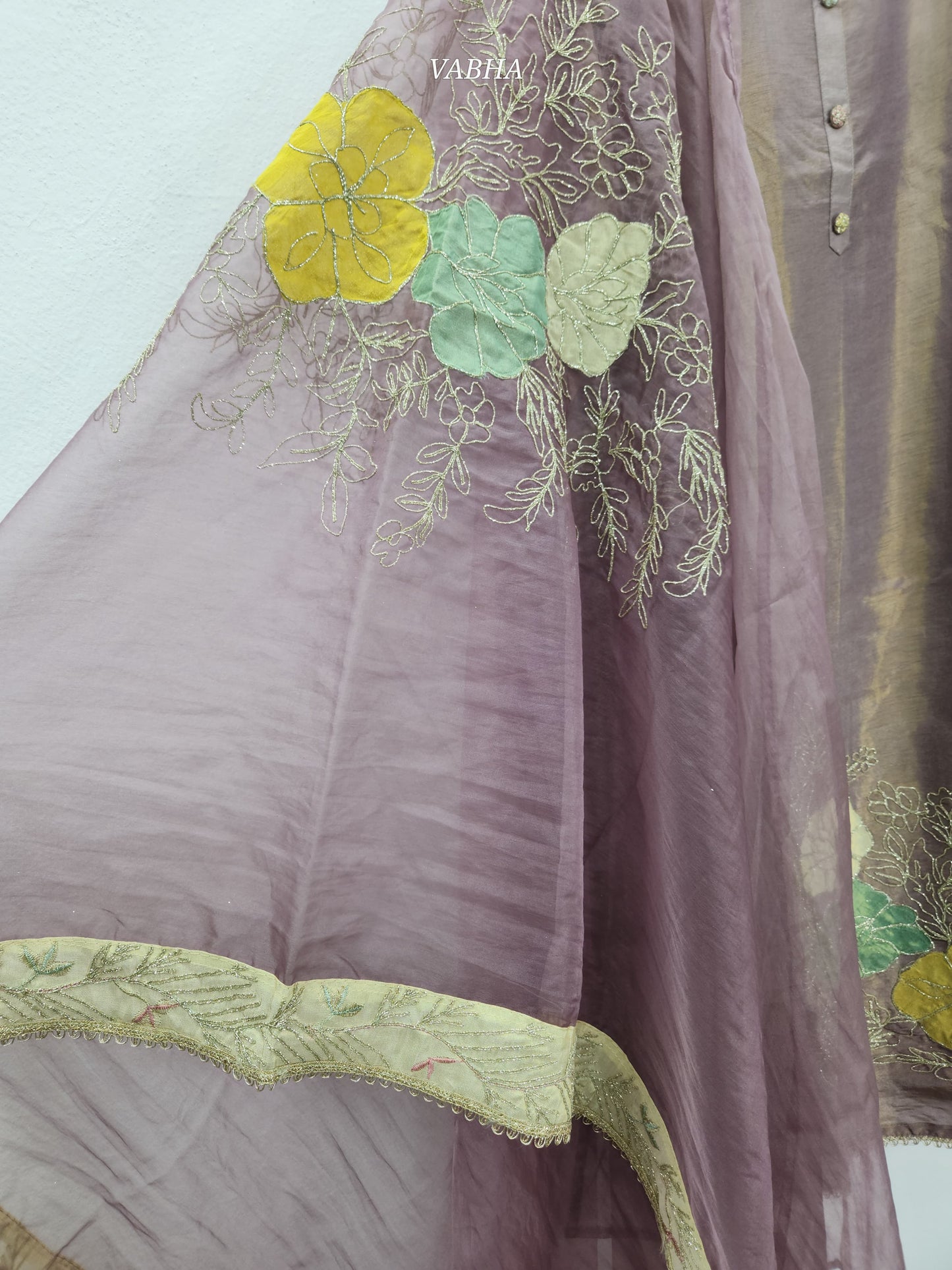 KPD85 Purple Grey Tissue Round Neck Kurti With Lining Organza Dupatta and Pant