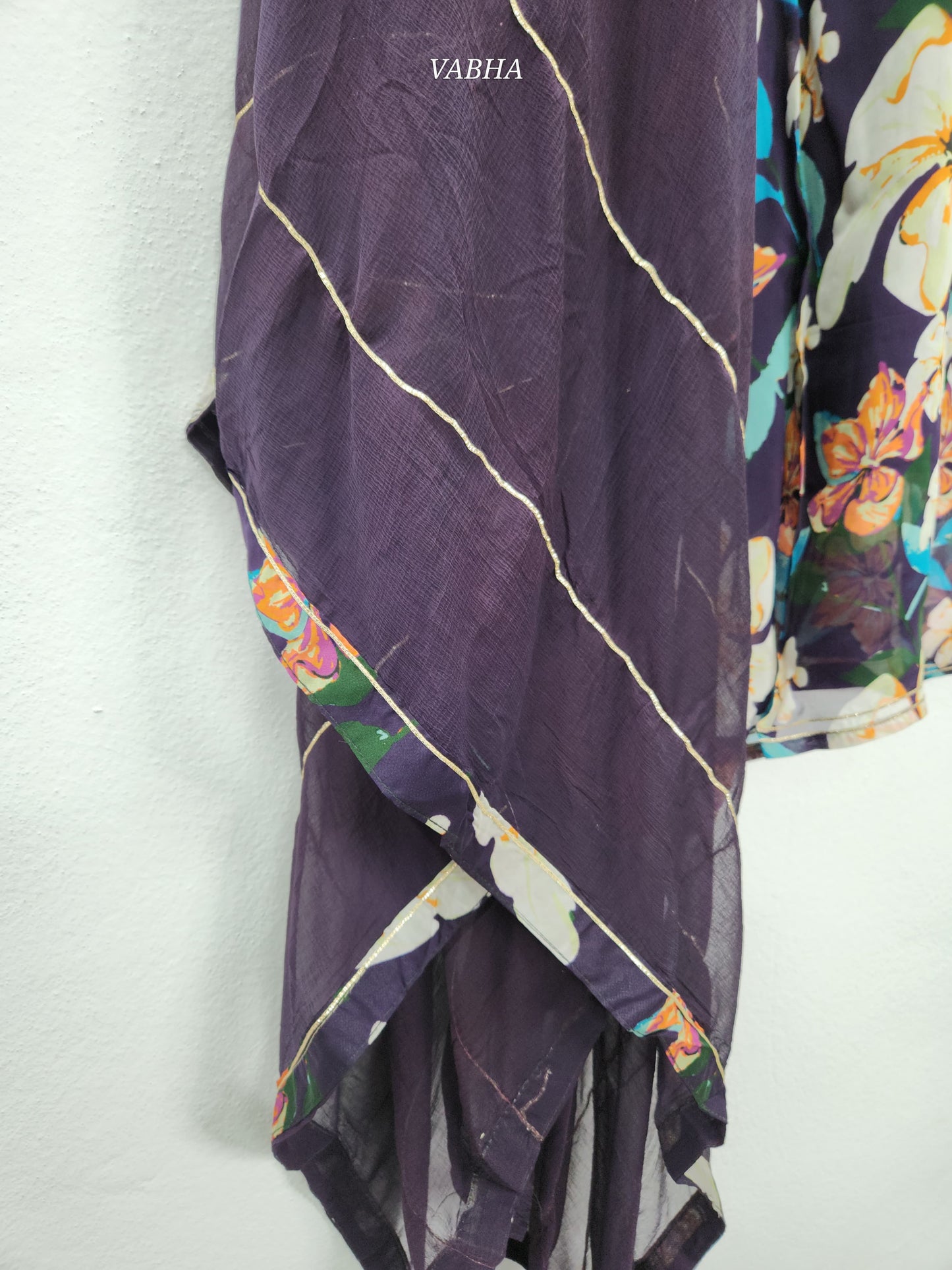 KPD87 Dark Purple Organza Digital Print With Heavy V-neck Kurti Pant Dupatta