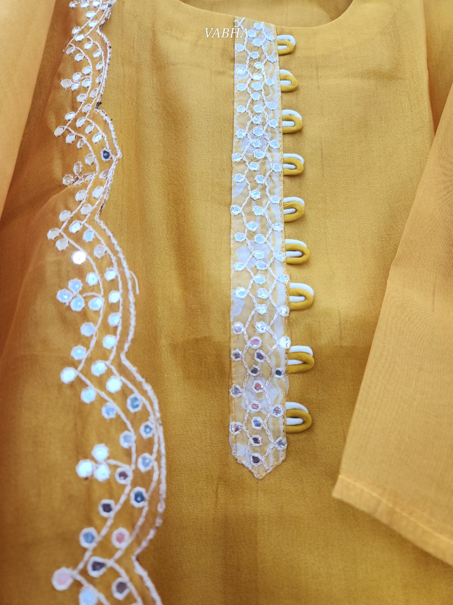 KPD90 Golden Yellow Tissue Round Neck With Lining Simple Thread Embroidery On Yoke Part Party Wear Kurti Pant Dupatta