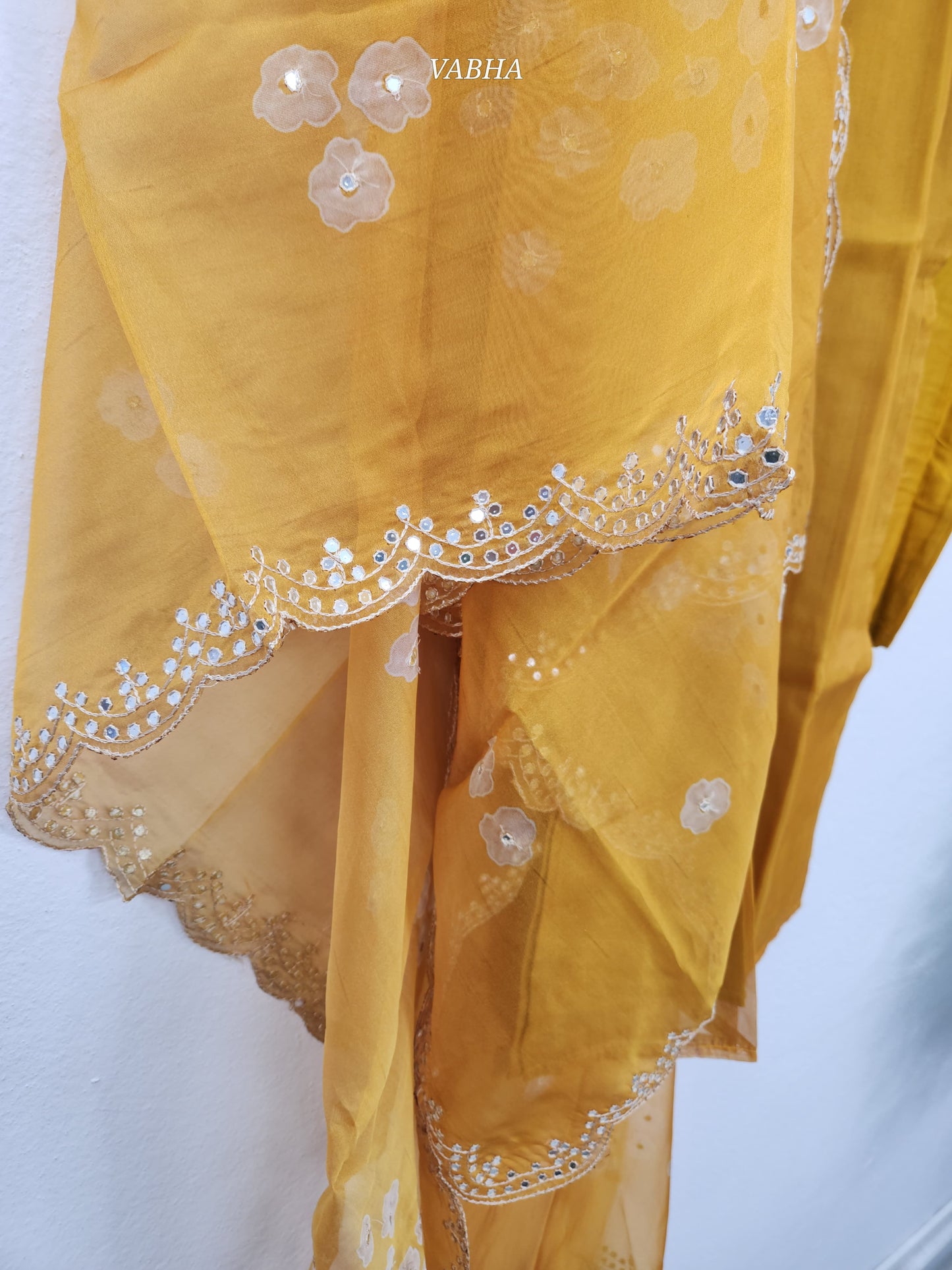 KPD90 Golden Yellow Tissue Round Neck With Lining Simple Thread Embroidery On Yoke Part Party Wear Kurti Pant Dupatta