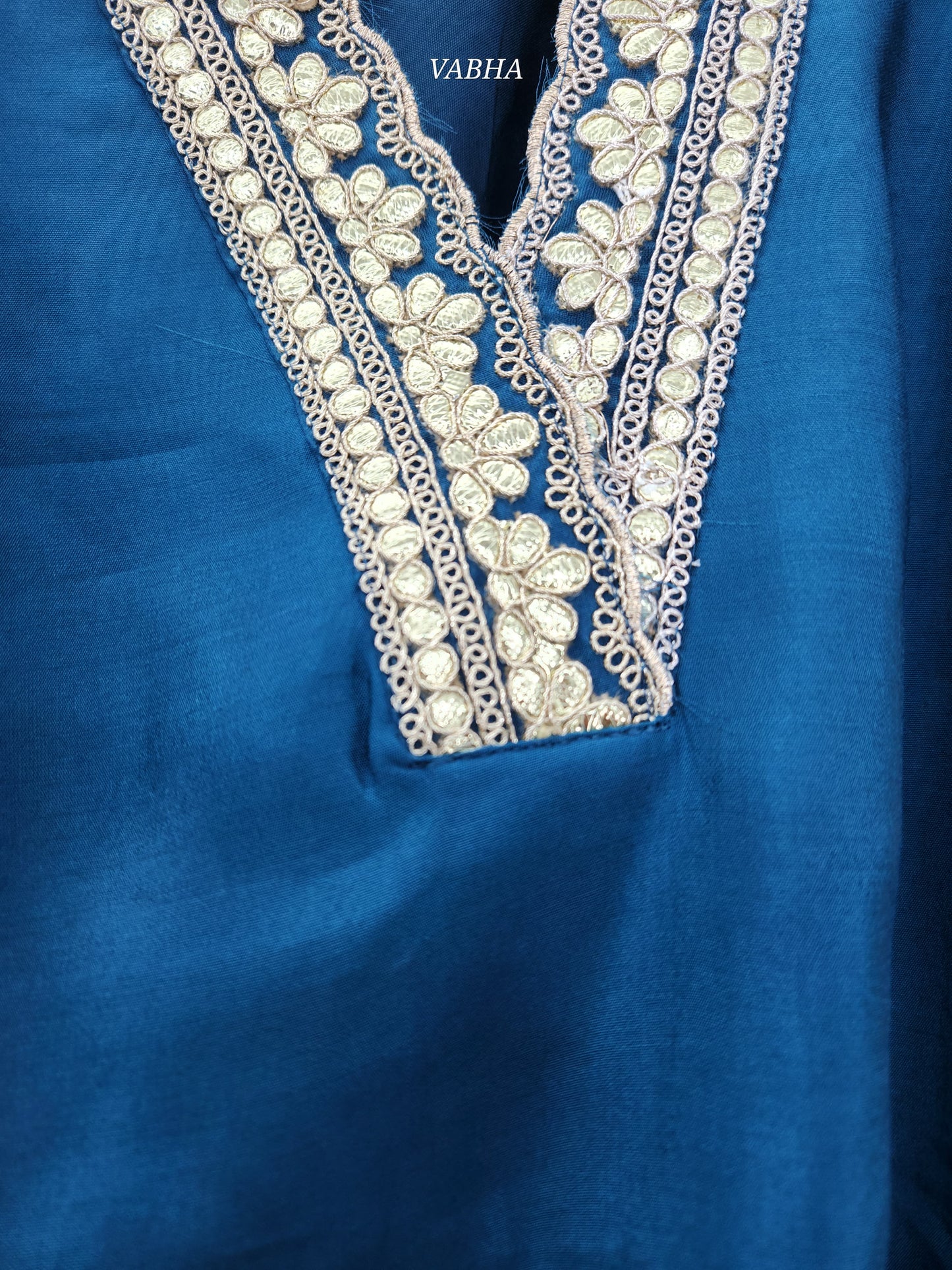 KPD93 Party Wear Blue Roman Silk Full V-neck With Heavy Gotta Patti Work Kurti Pant With Lehariya Dupatta