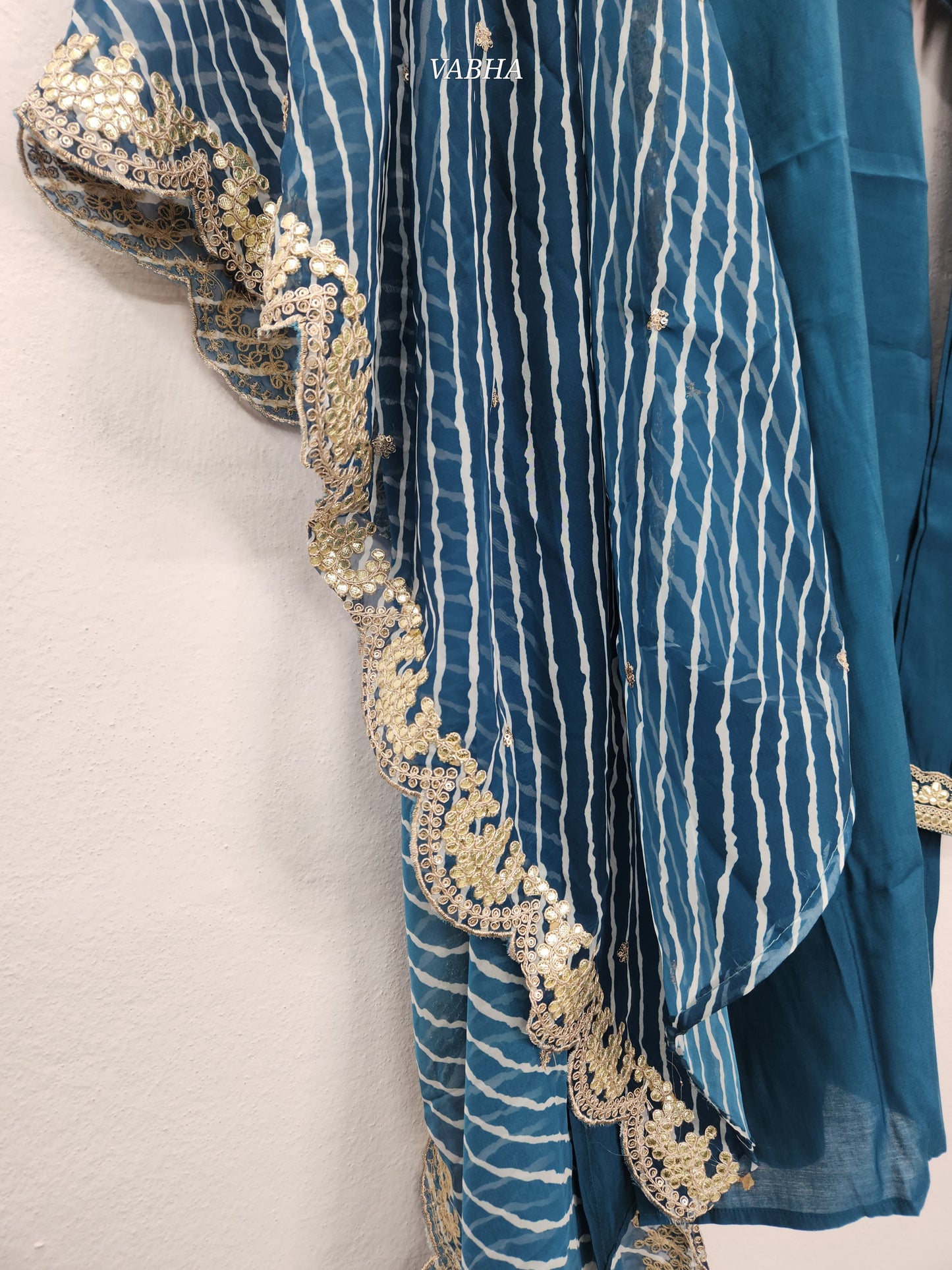 KPD93 Party Wear Blue Roman Silk Full V-neck With Heavy Gotta Patti Work Kurti Pant With Lehariya Dupatta