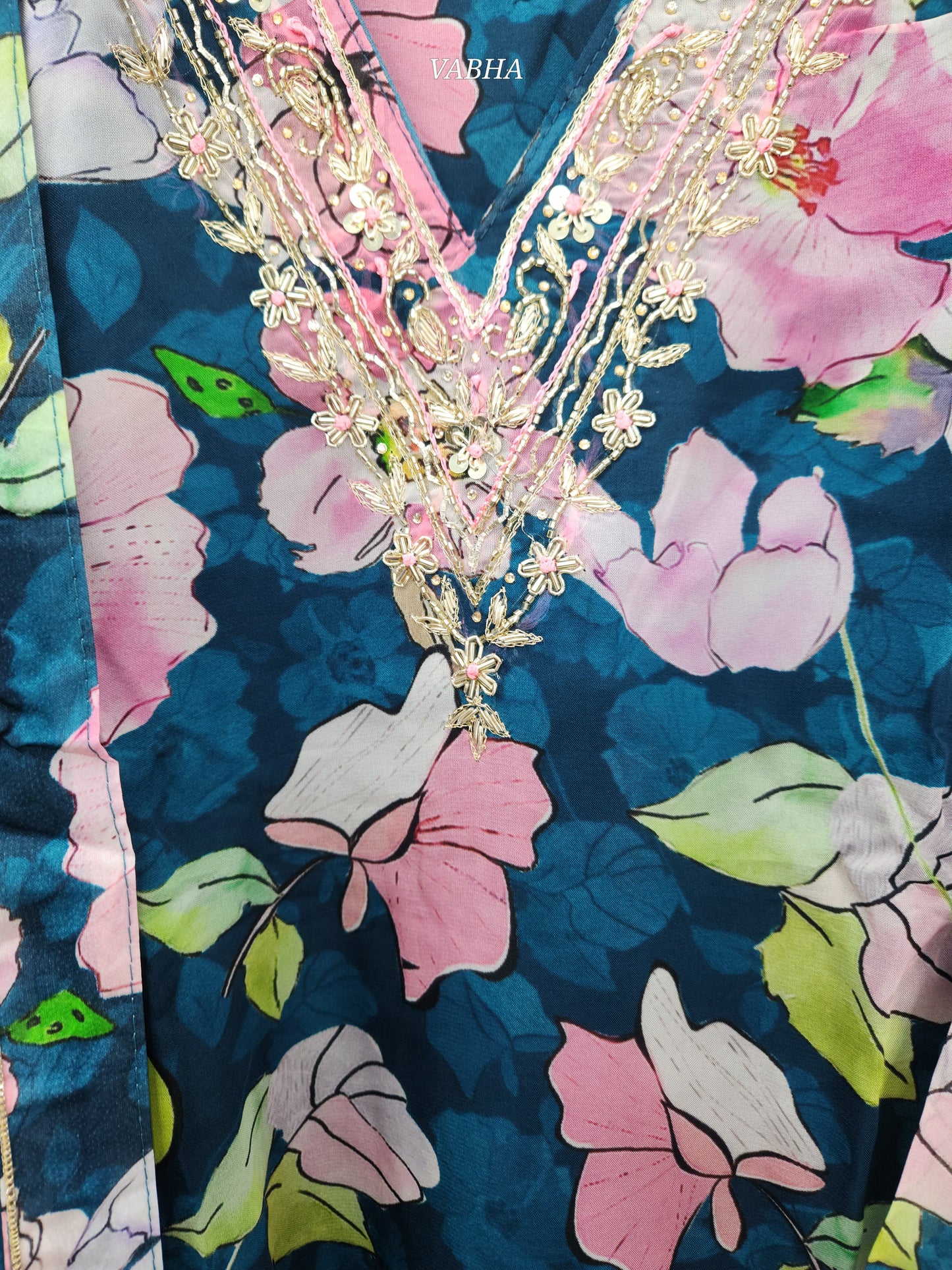 KPD97 Peacock Blue Organza Digital Print With Heavy Work V-neck Kurti Pant Dupatta