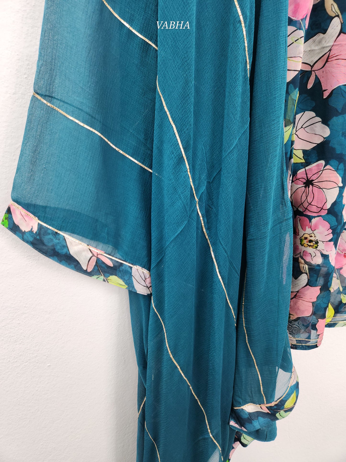 KPD97 Peacock Blue Organza Digital Print With Heavy Work V-neck Kurti Pant Dupatta