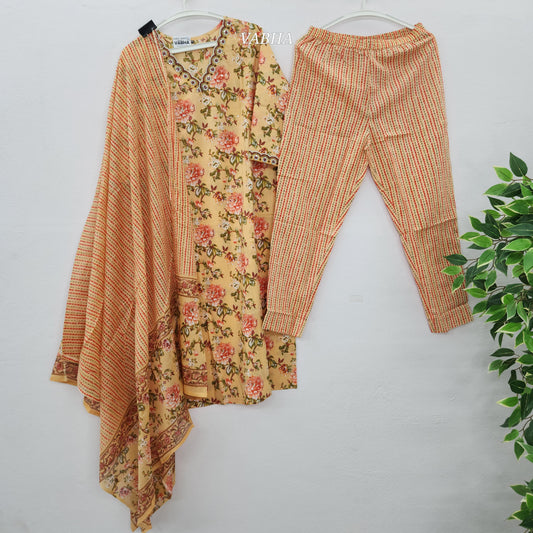 KPD52 Orange Floral Print Cotton V-neck Straight Cut Kurti Pant Dupatta
