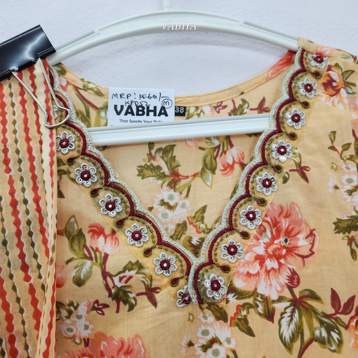 KPD52 Orange Floral Print Cotton V-neck Straight Cut Kurti Pant Dupatta