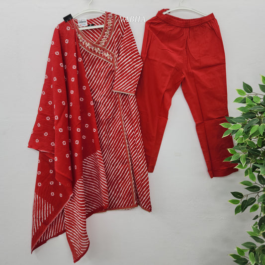 KPD54 Red Lehariya Angrakh Style V-neck Straight Cut Cotton Kurti Pant Dupatta