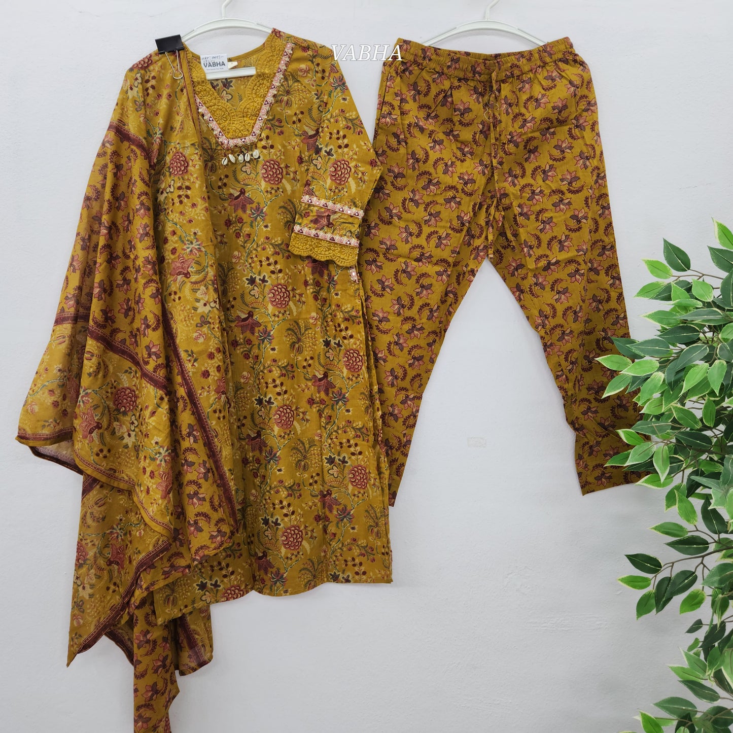 KPD56 Mustard Yellow Scalop V-neck Straight Cut Cotton Kurti Pant Dupatta