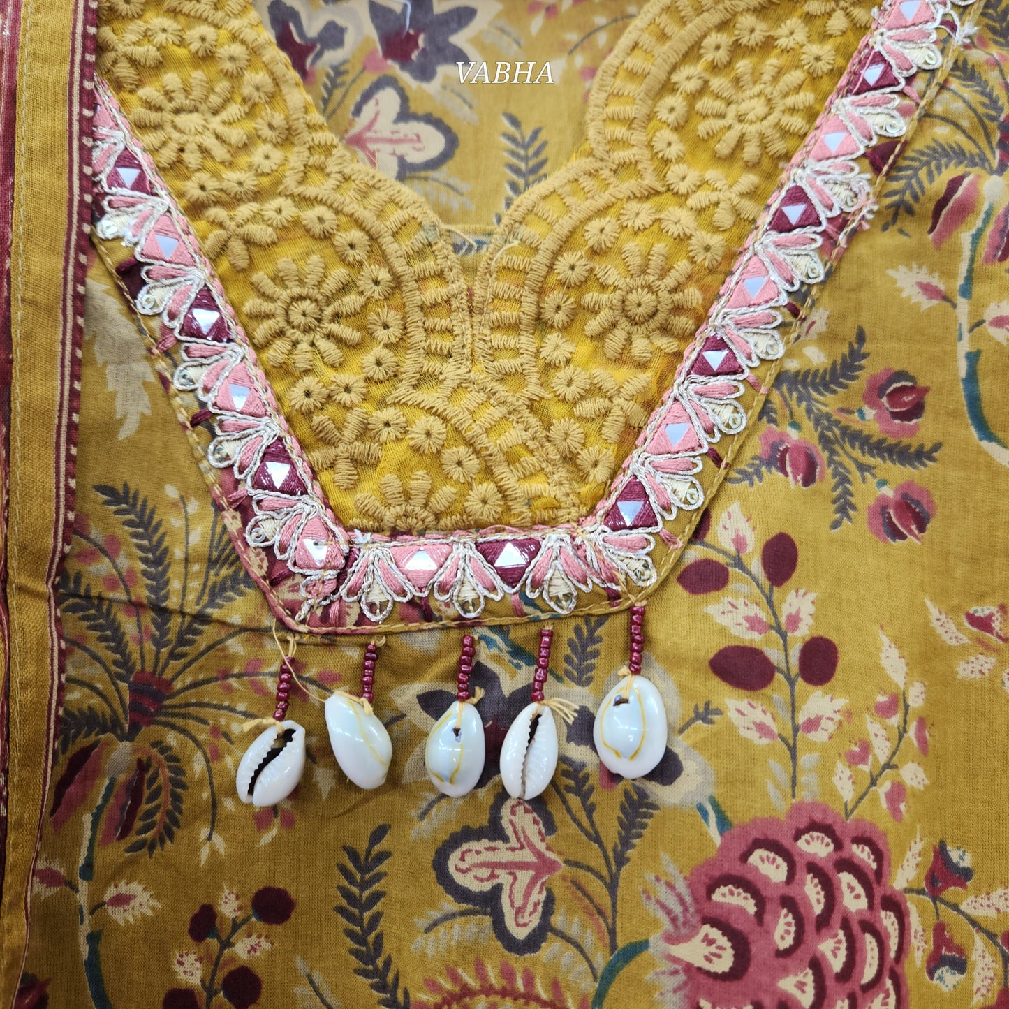 KPD56 Mustard Yellow Scalop V-neck Straight Cut Cotton Kurti Pant Dupatta