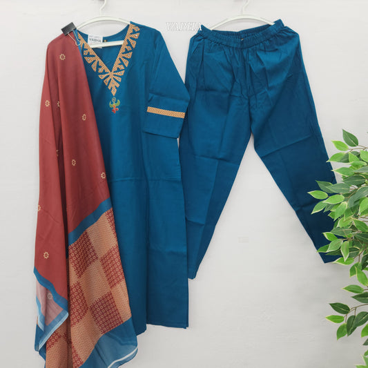 KPD58 Peacock Blue V-neck Applique Design Straight Cut Cotton Kurti Pant Dupatta