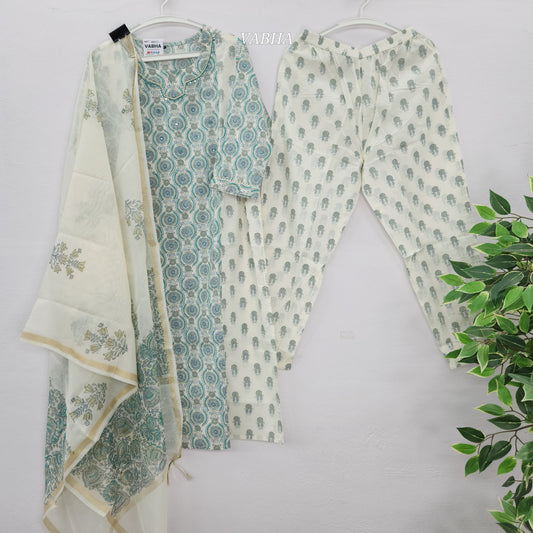 KPD59 Cream Blue Printed Straight Cut Cotton Kurti Pant Dupatta