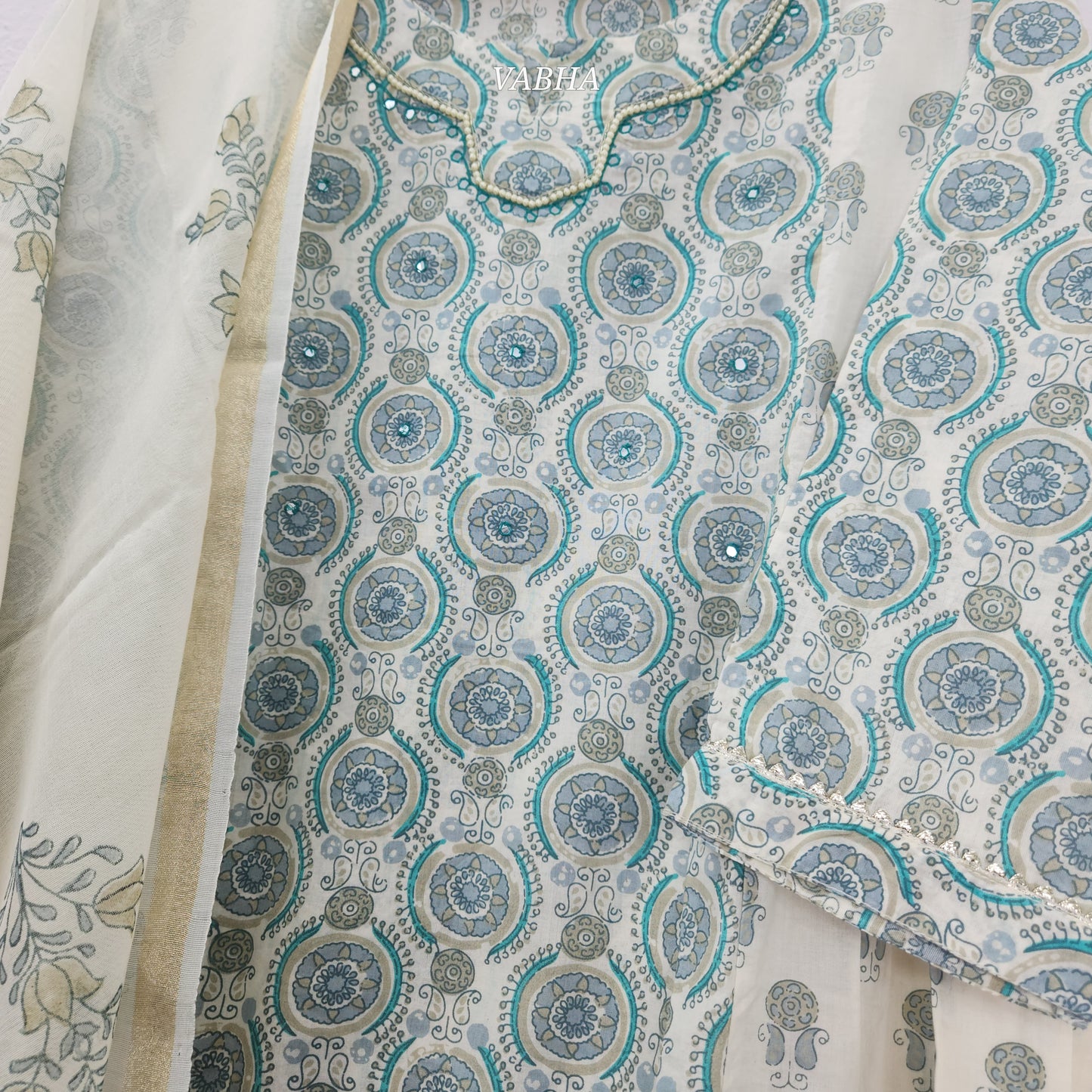 KPD59 Cream Blue Printed Straight Cut Cotton Kurti Pant Dupatta