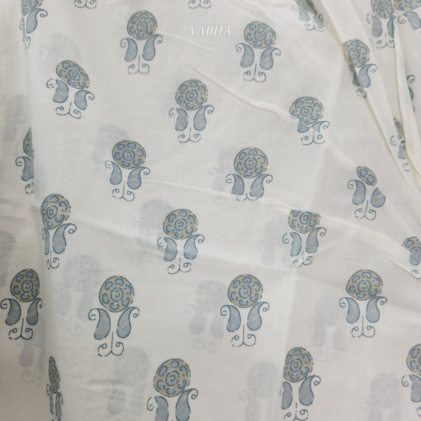 KPD59 Cream Blue Printed Straight Cut Cotton Kurti Pant Dupatta
