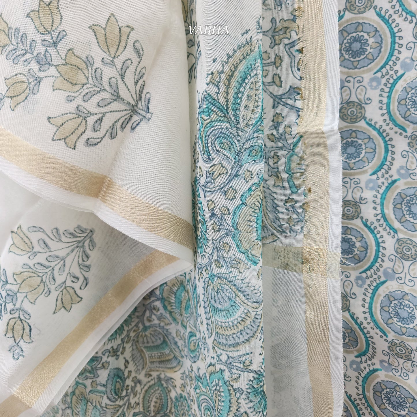 KPD59 Cream Blue Printed Straight Cut Cotton Kurti Pant Dupatta