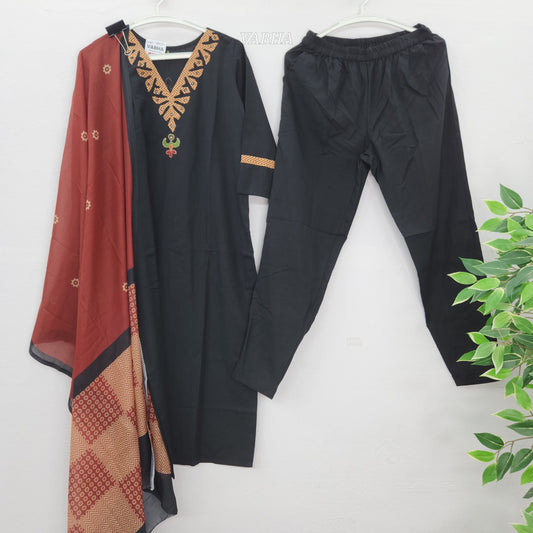 KPD60 Black V-neck Applique Design Straight Cut Cotton Kurti Pant Dupatta