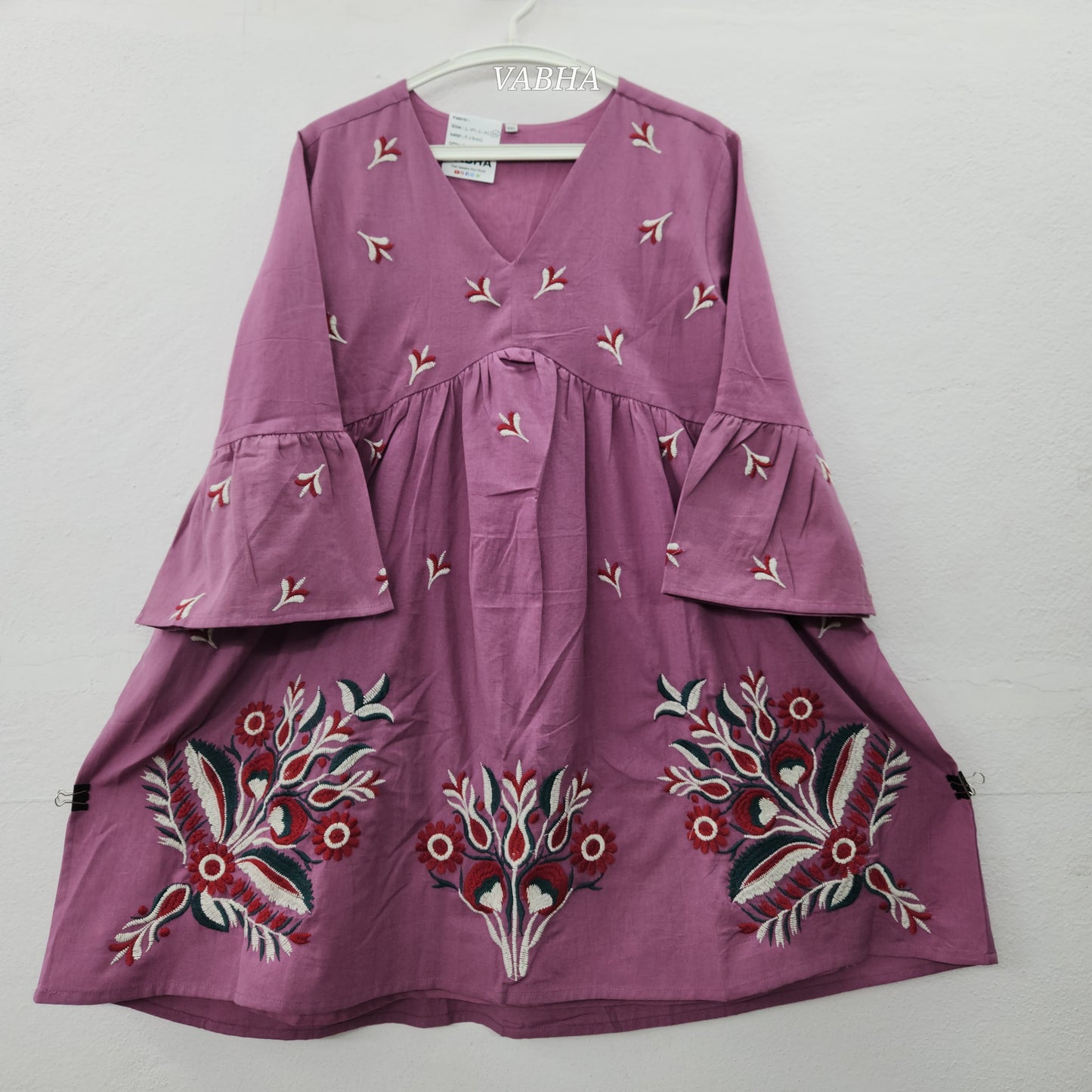 F52 Pink Multi Thread Embroidery V Neck Alia Cut Cotton Frock with pockets with lining