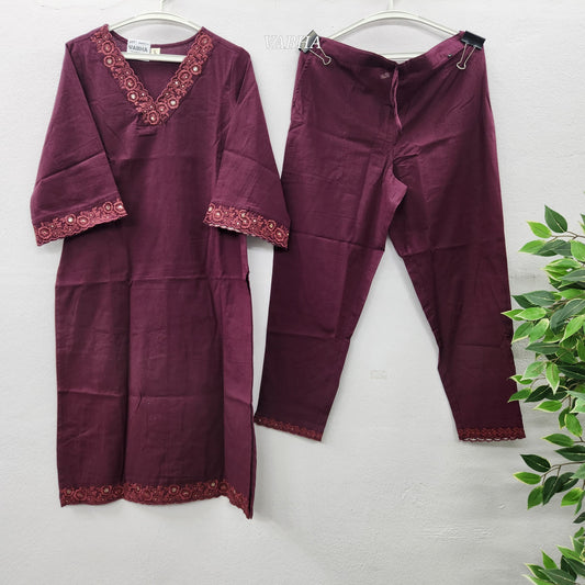 C07 Wine V Neck Cotton Co-Ord Set