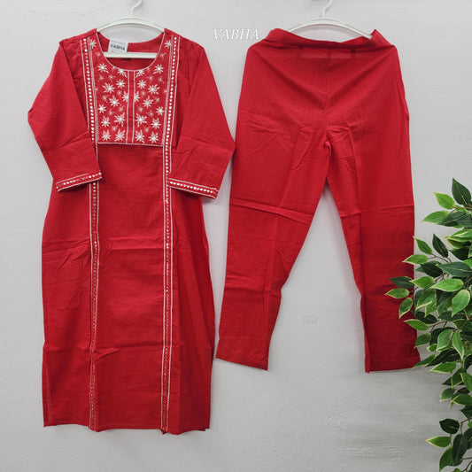 C09 Red Embroidery Cotton Co-Ord Set