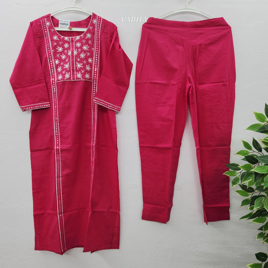 C10 Pink Embroidery Cotton Co-Ord Set