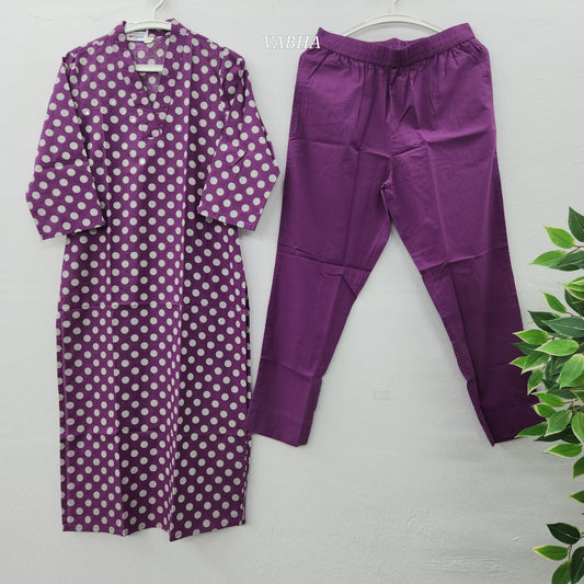 C15 Purple Polka V Collar Cotton Co-Ord Set