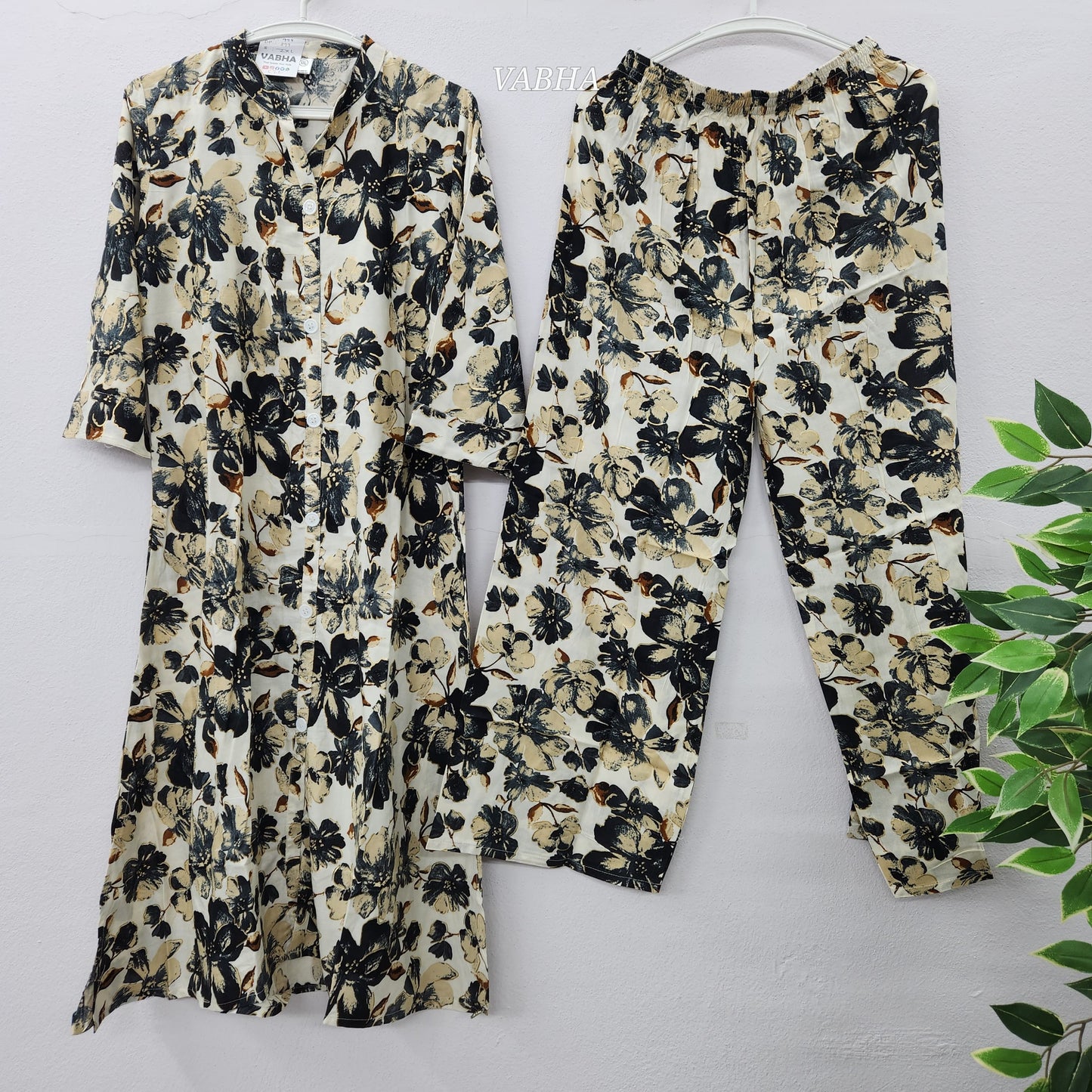 C22 Cream Black Rayon High Neck Co-Ord Set