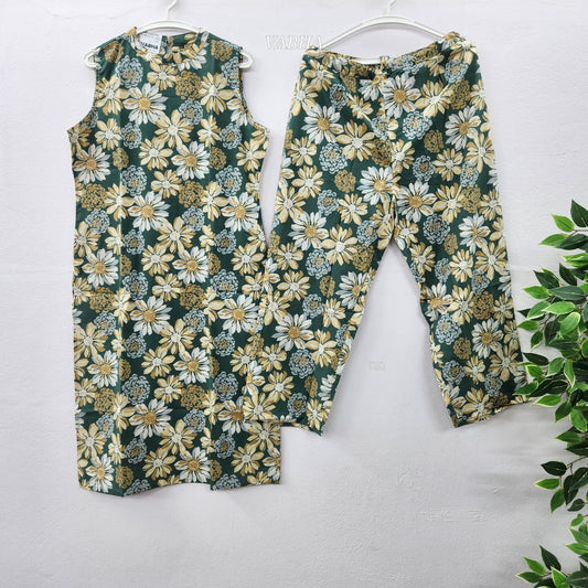 C27 Green Floral High Neck Sleeveless With Attached Sleeves Cotton Co-Ord Set