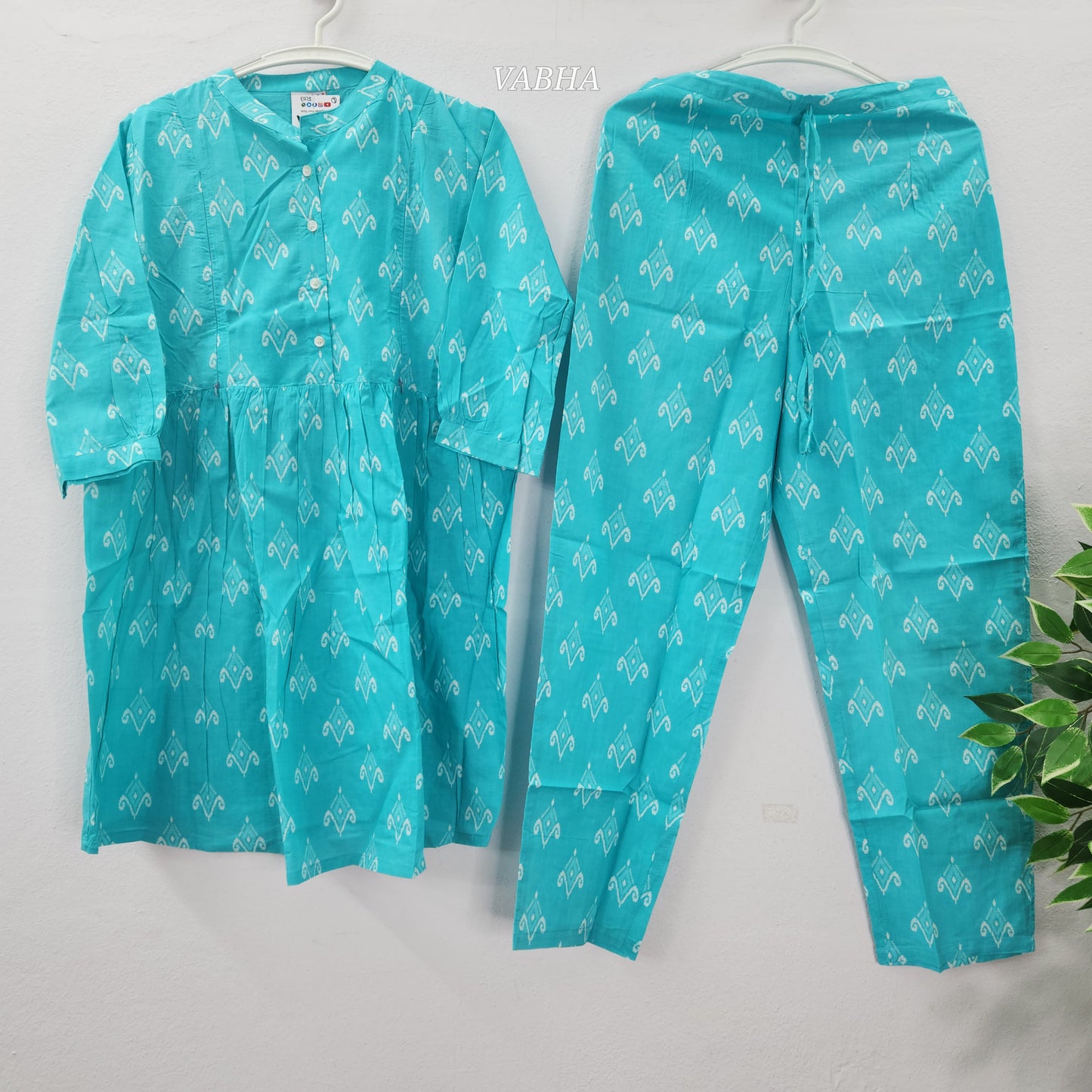 FC03 Ferozi Blue Ikkat Print High Neck Peplum Style Feeding Cotton Co-Ord Set