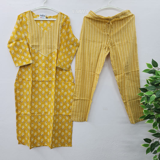 C32 Mustard Yellow Floral Cotton Co-Ord Set